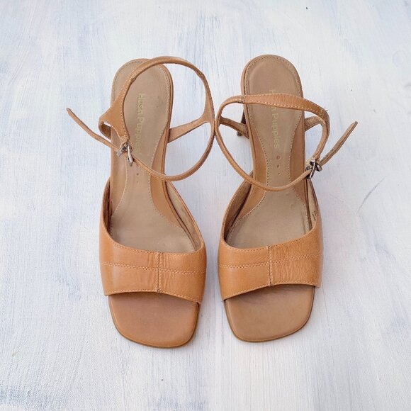 Tan Leather Hush Puppies Square Toe Heeled Sandals - Picture 2 of 5